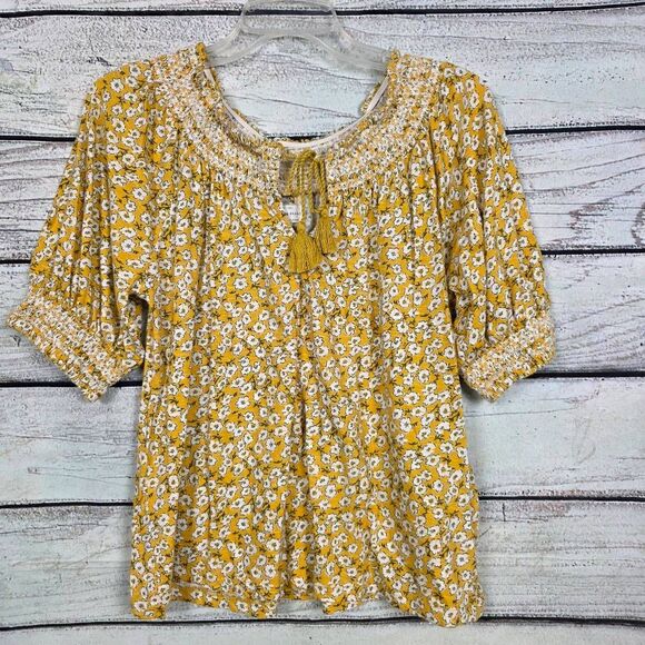 Lucky Brand Yellow Floral Smocked Peasant Top S - Picture 1 of 8